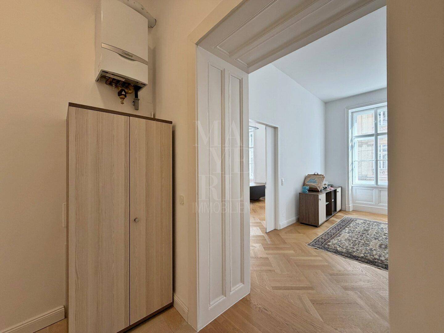 Eingangsbereich mit Holzschrank, Heizungsanlage und Blick in ein weiteres Büro.