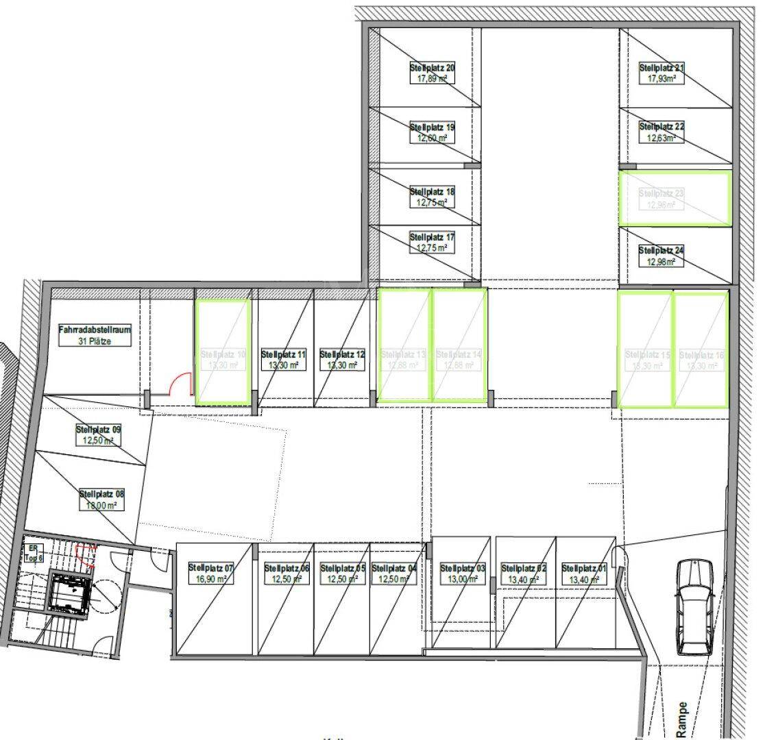 Grundriss der Tiefgarage mit zahlreichen Stellplätzen, Fahrradabstellraum und Zufahrtsrampe.