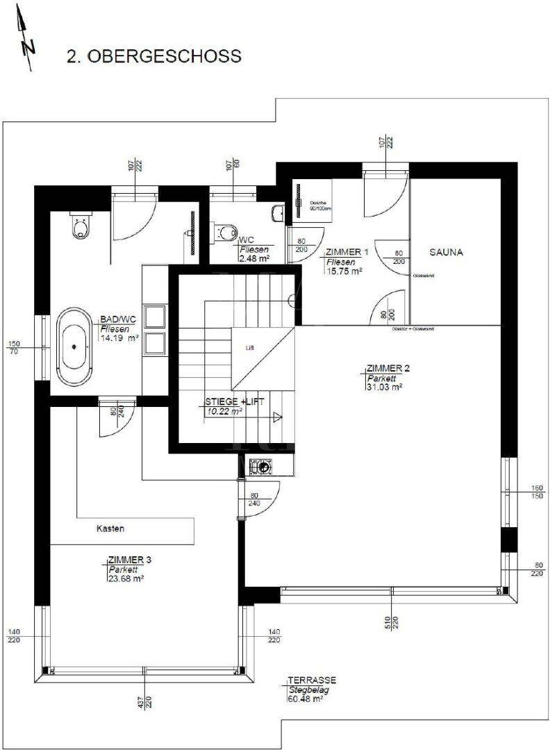 Grundriss des zweiten Obergeschosses mit Schlafzimmern, Bad, Sauna und großer Dachterrasse.