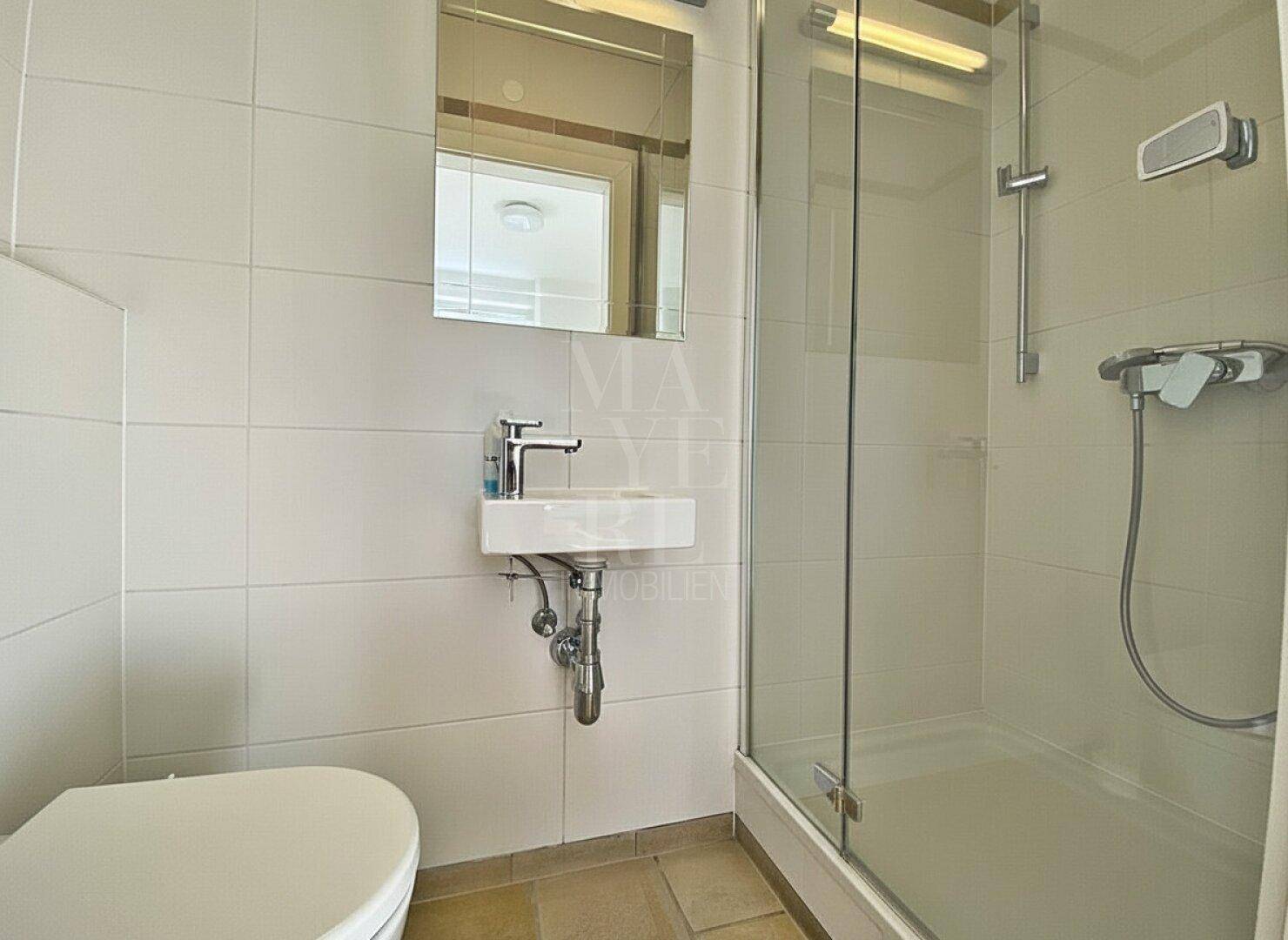 Kleines Badezimmer mit Duschkabine, wandhängendem WC und kompaktem Waschbecken.