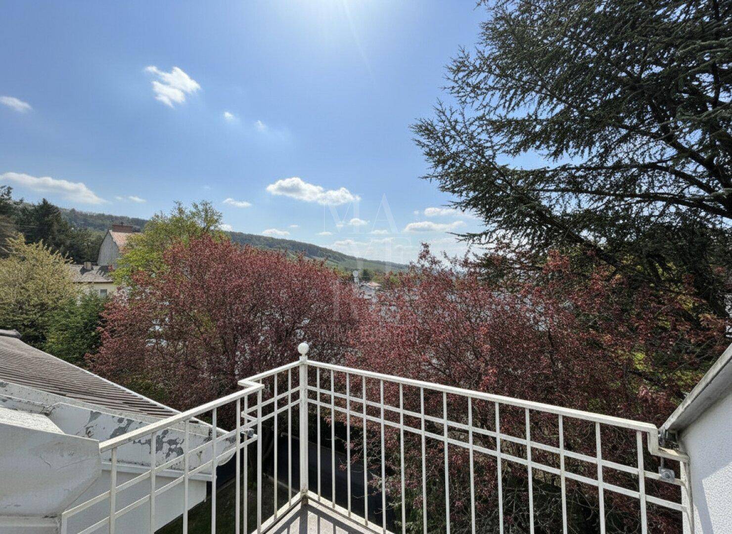 Balkon mit weitem Blick über grüne Bäume und die hügelige Landschaft unter blauem Himmel.