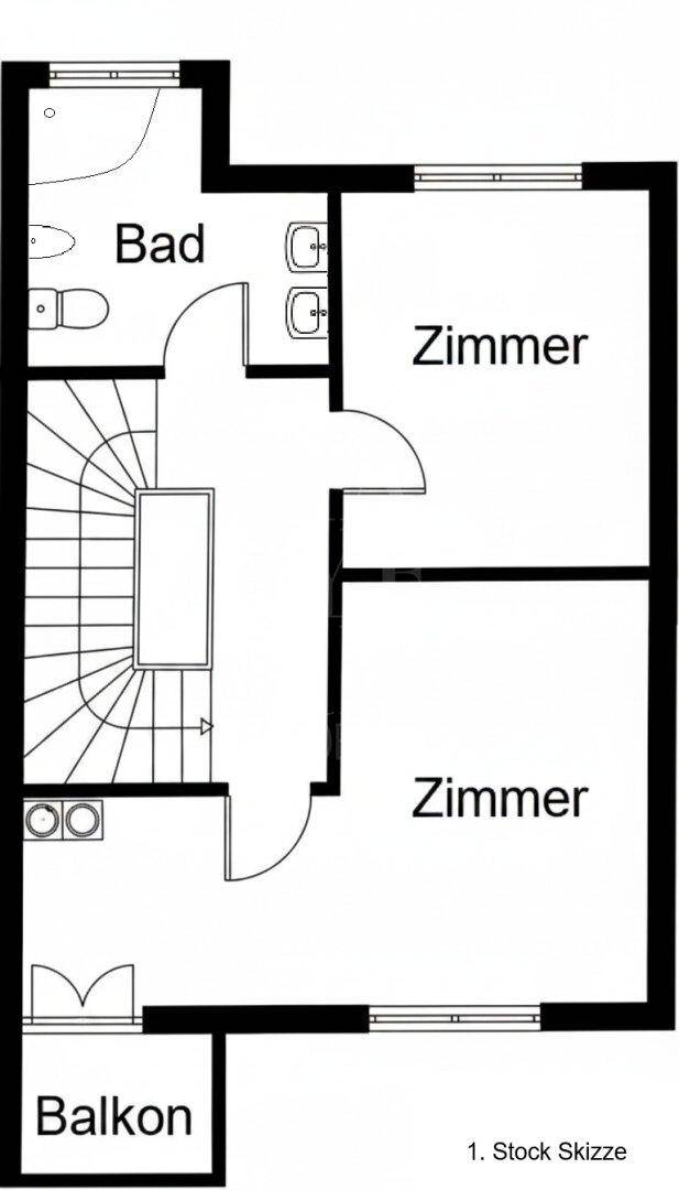 Grundriss des ersten Obergeschosses mit zwei Zimmern, Bad und einem Balkon.