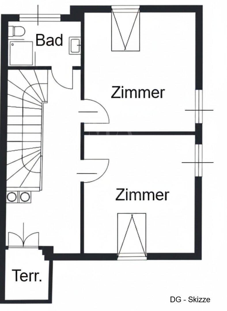 Grundriss des Dachgeschosses mit zwei Zimmern, Bad und einer Dachterrasse.