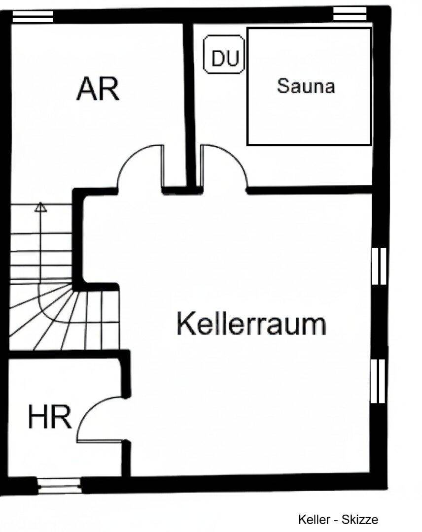 Grundriss des Kellers mit Sauna, Dusche, Abstellraum und Heizraum.