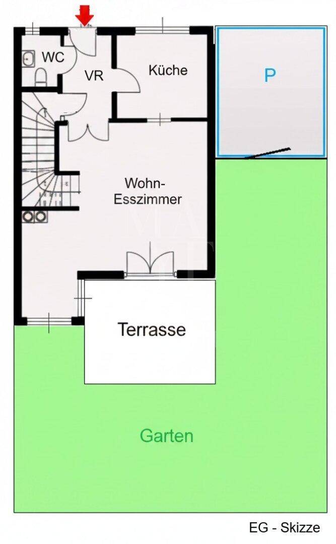 Grundriss des Erdgeschosses mit Wohn-Esszimmer, Küche, WC, Terrasse und Garten.