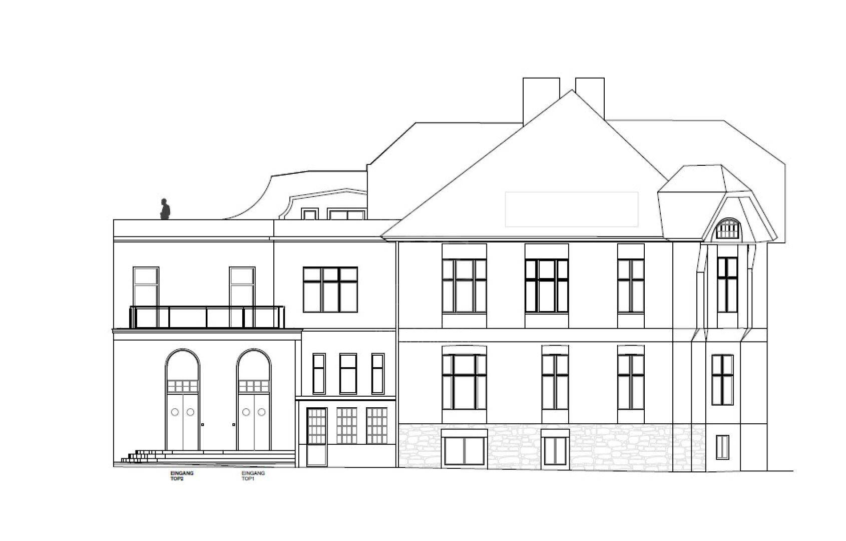 Architektonische Ansicht einer historischen Fassade mit Balkon, großen Fenstern und verschiedenen Dachformen.