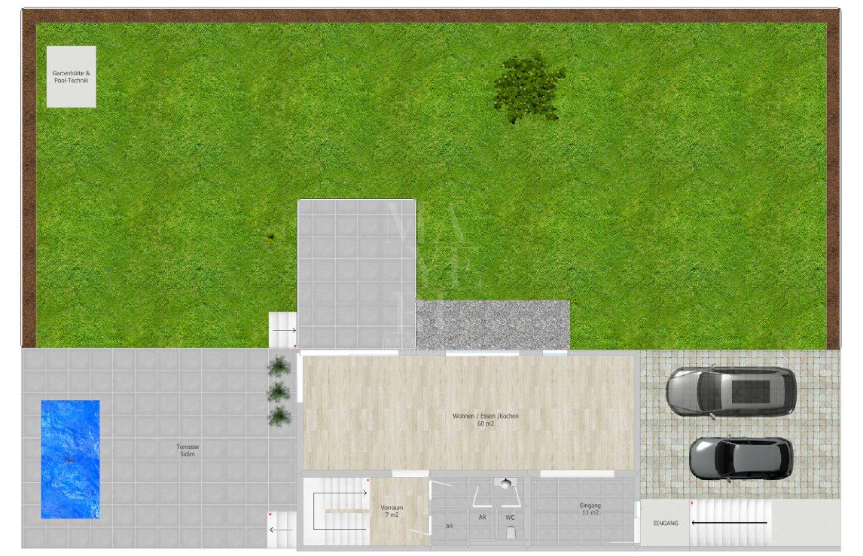 Grundriss des Erdgeschosses mit offenem Wohnbereich, Terrasse, Garten und Parkplätzen.
