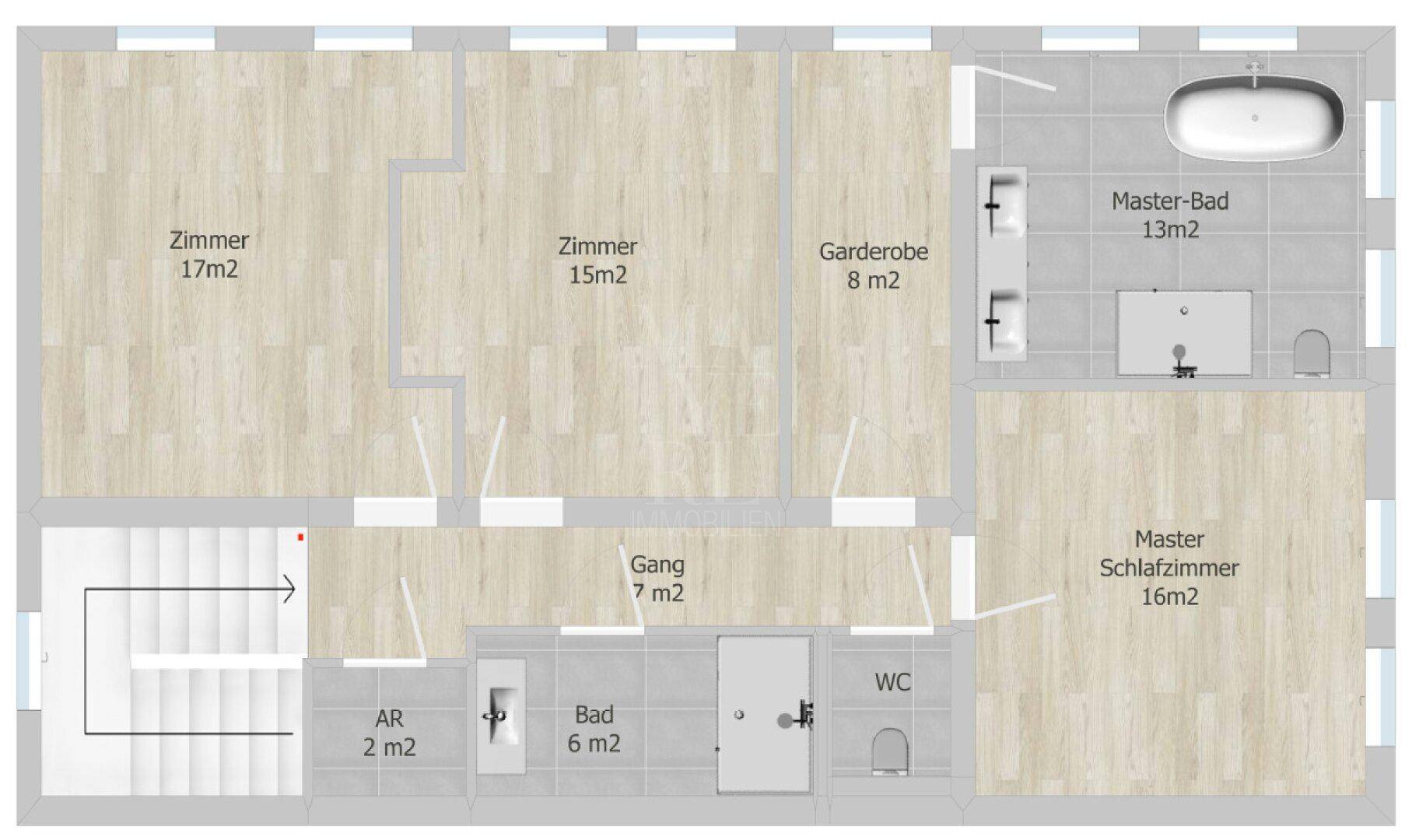 Grundriss des Obergeschosses mit drei Schlafzimmern, Master-Bad und begehbarem Kleiderschrank.