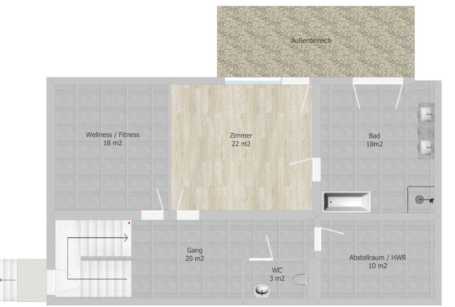 Grundriss des Untergeschosses mit Wellnessbereich, Zimmer, Bad und separatem WC.