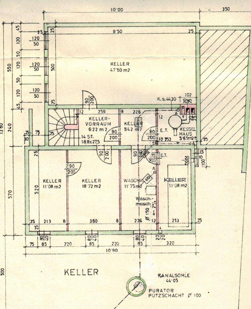 Grundriss des Kellers mit verschiedenen Räumen, Waschküche und Heizraum.