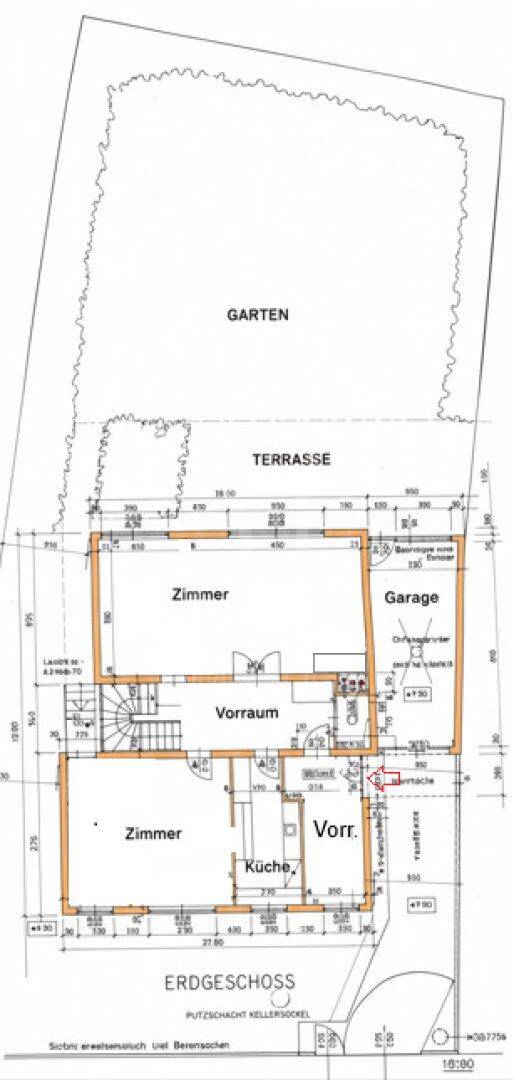 Grundriss des Erdgeschosses mit Garten, Terrasse, Garage und Wohnbereichen.