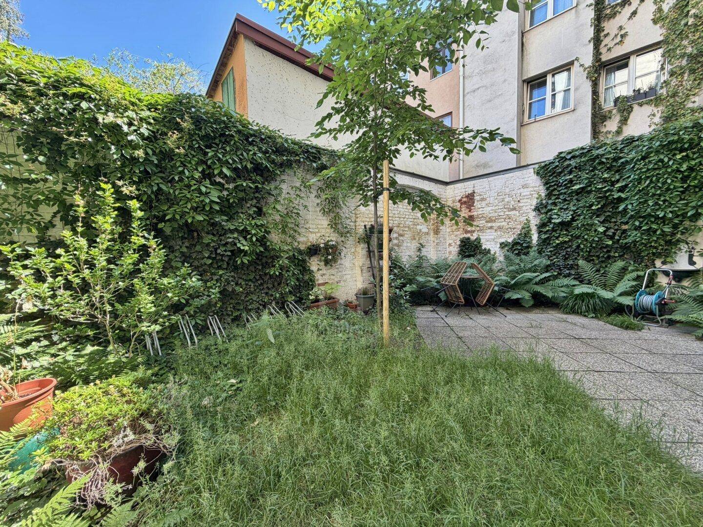 Grüner Innenhof mit üppiger Vegetation, Kletterpflanzen und einem kleinen gepflasterten Bereich.