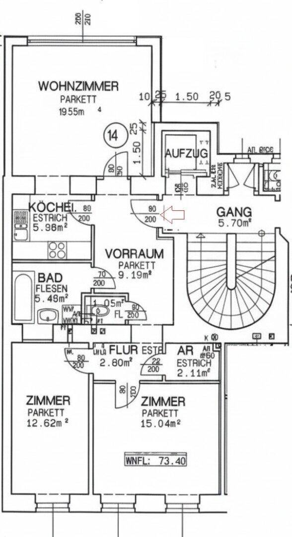 Detaillierter Grundriss der Wohnung mit Zimmeraufteilung und Flächenangaben.