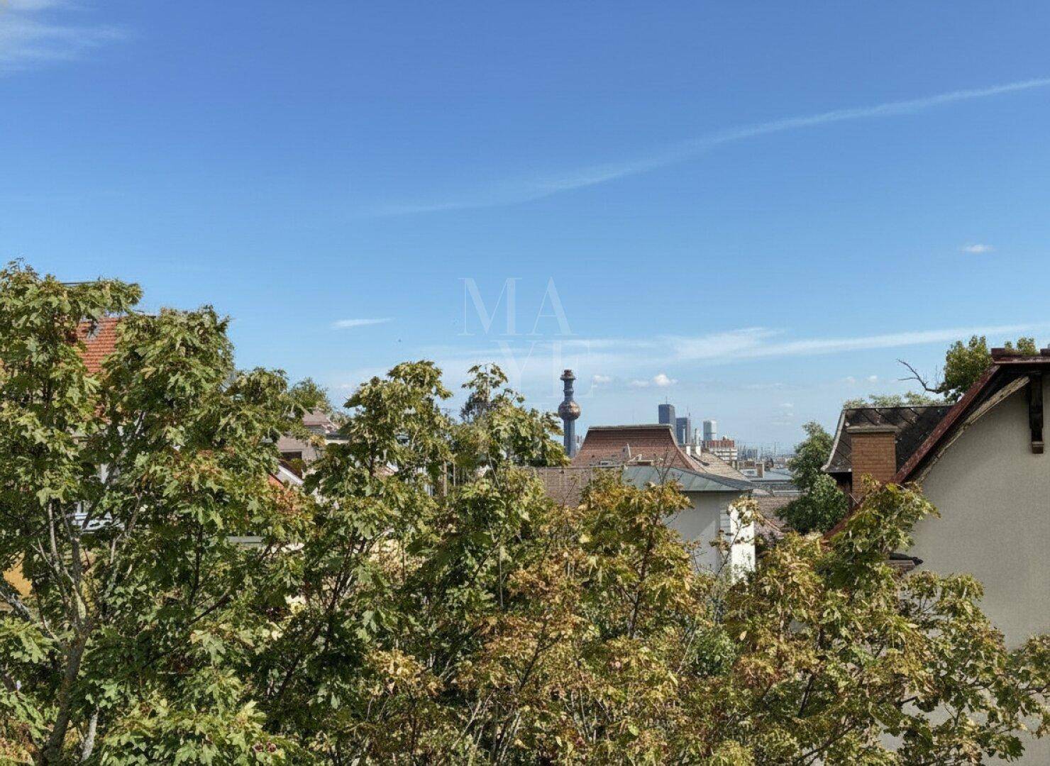 Weitblick über Dächer und Baumwipfel einer Stadt mit erkennbarer Skyline am Horizont.