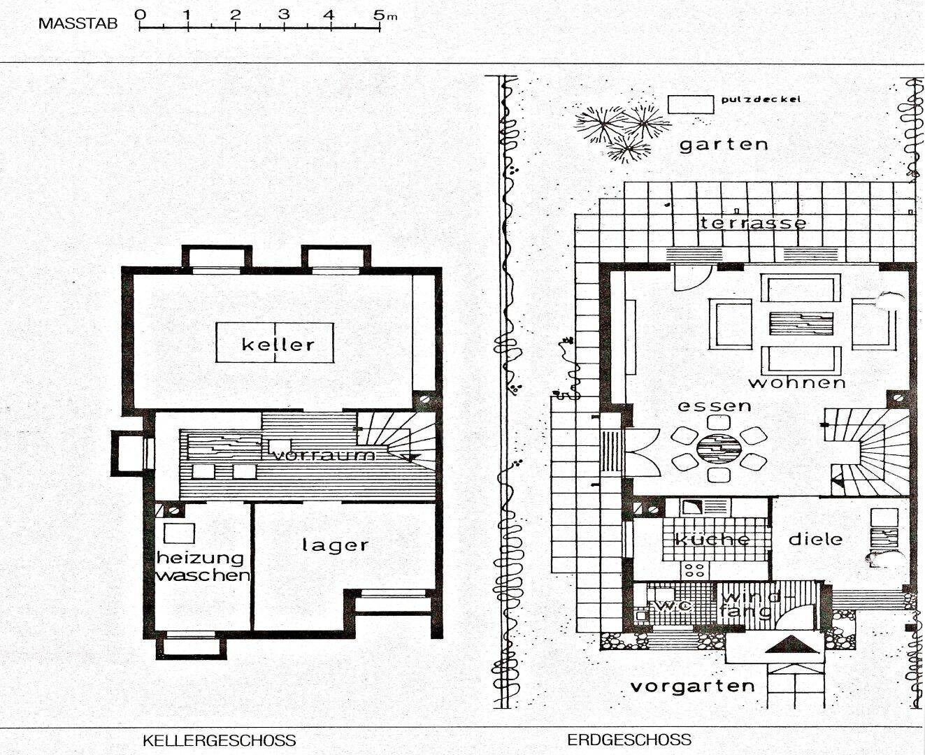 Grundriss des Kellergeschosses und Erdgeschosses mit Garten, Terrasse und Wohnbereichen.