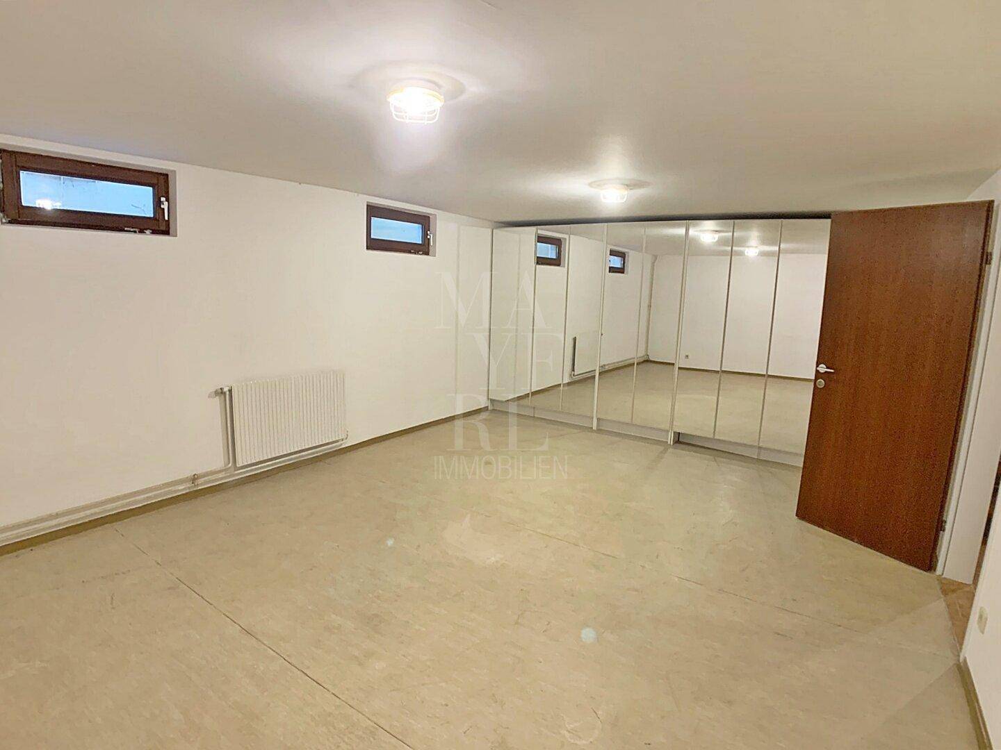 Geräumiger Kellerraum mit Spiegelfronten und kleinen Fenstern, vielseitig nutzbar.