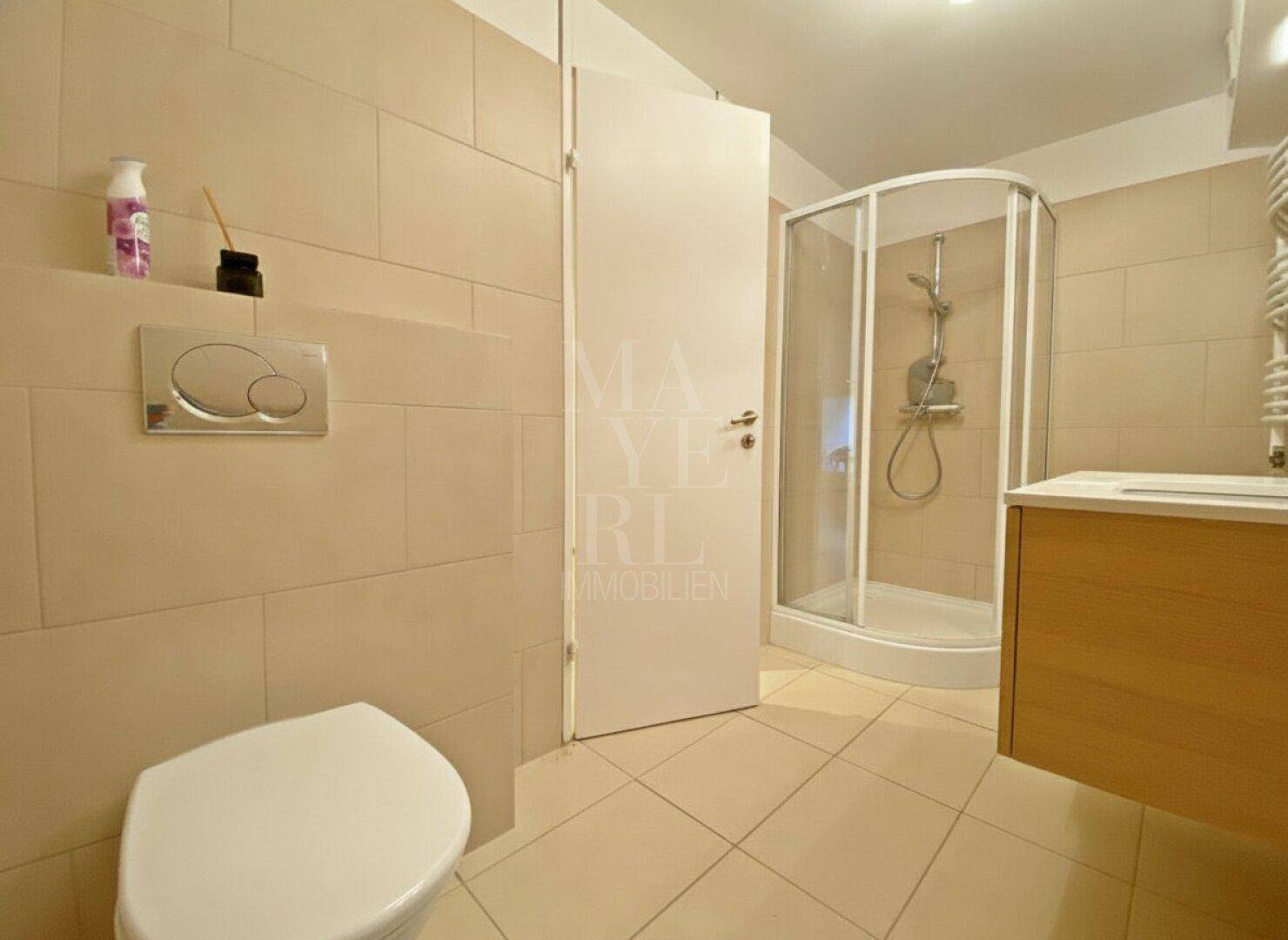 Gefliestes Badezimmer mit Toilette, Einzelwaschbecken und einer praktischen Eckdusche.