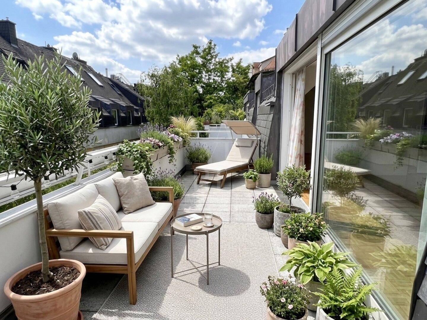 Attraktive Dachterrasse mit bequemen Gartenmöbeln, Pflanzen und sonniger Ausrichtung.
