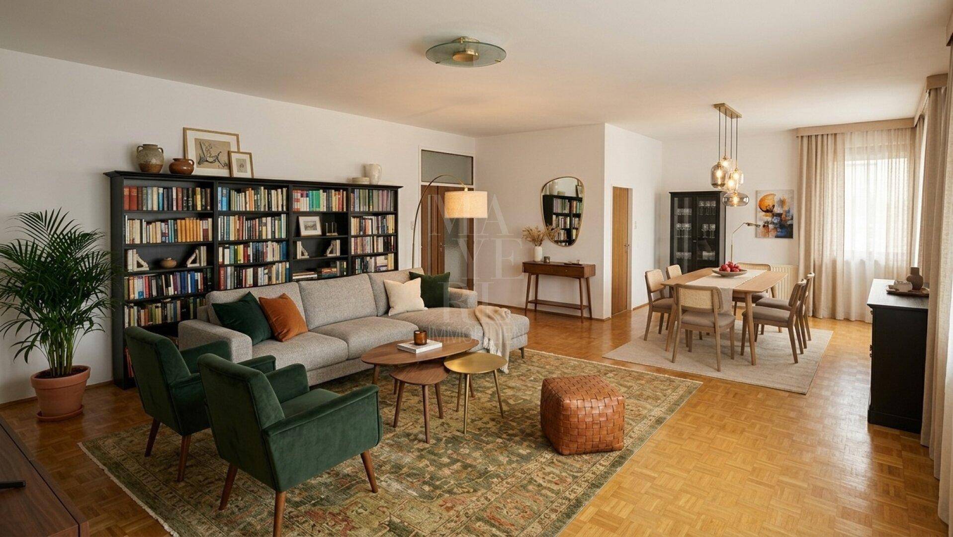 Geräumiger Wohn-Essbereich mit Parkettboden, Bücherregal und modernem Mobiliar.