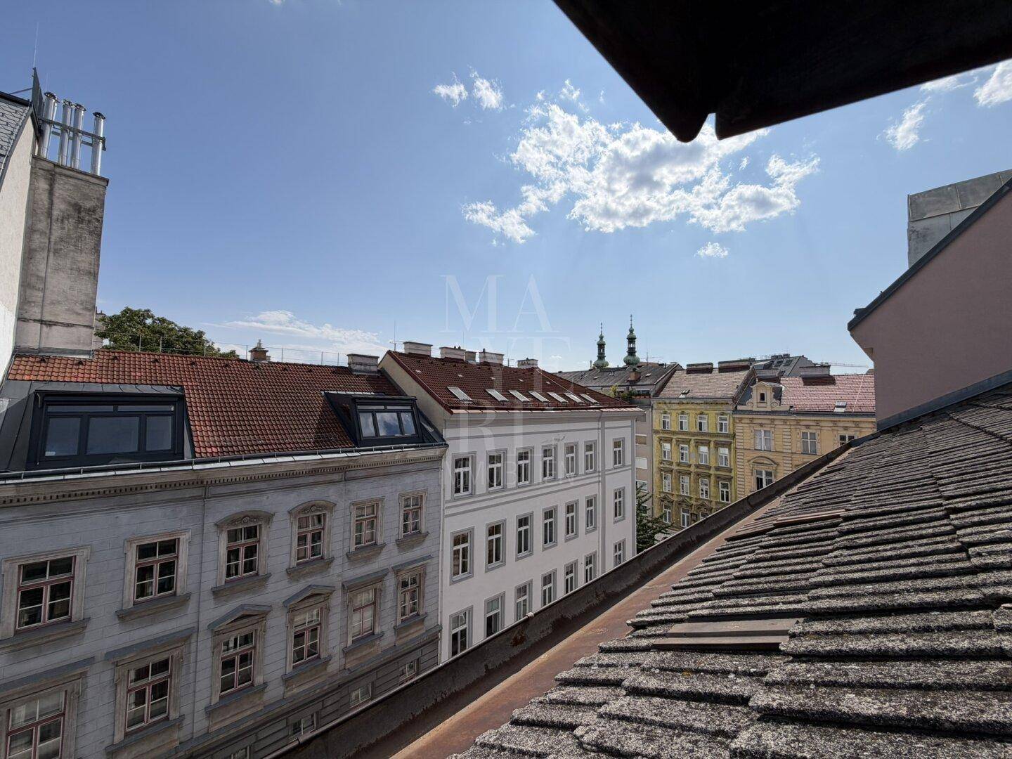 Blick über die Dächer der Stadt mit historischen Gebäuden und blauem Himmel.