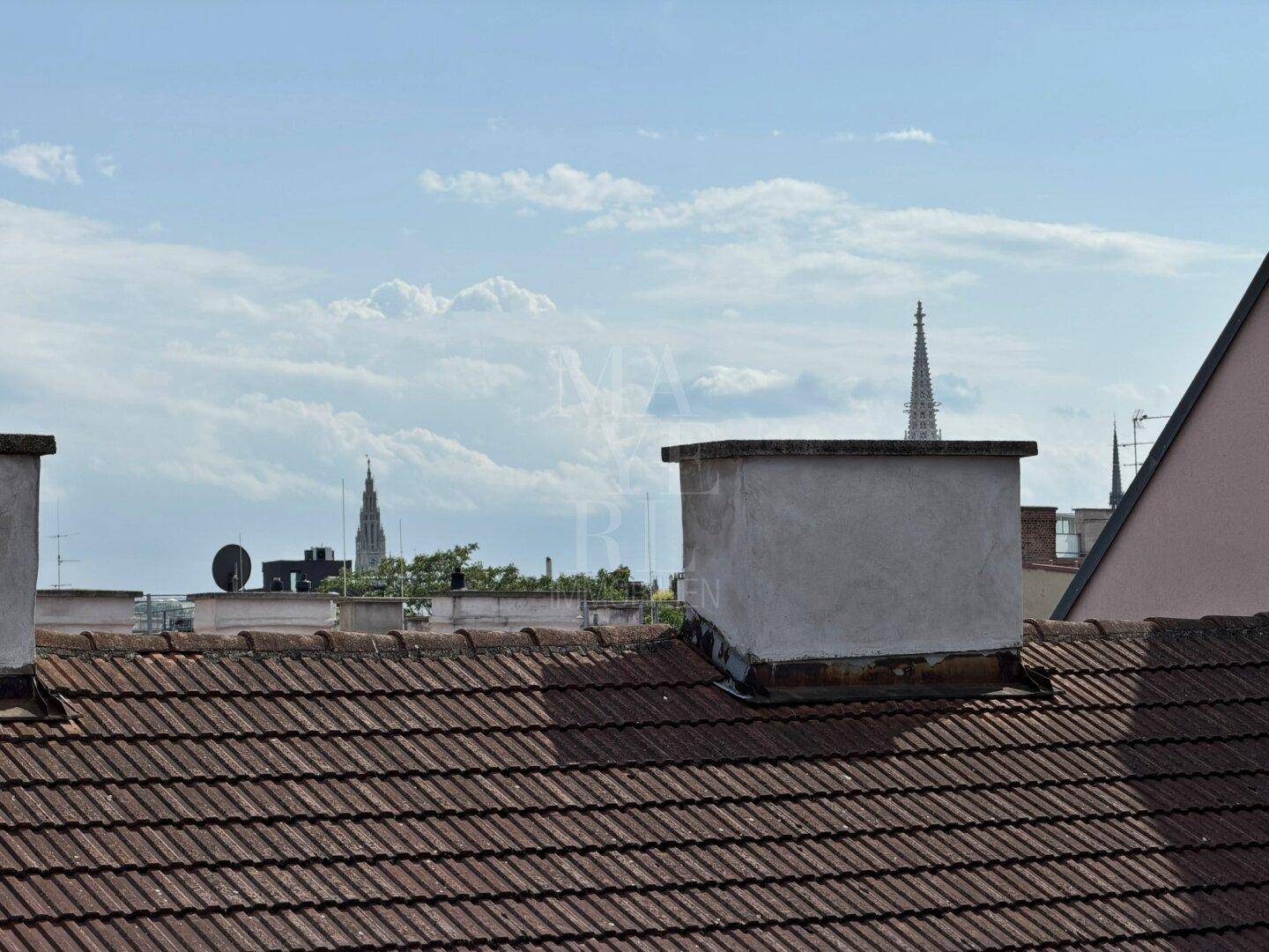 Panoramablick über die Dächer der Stadt mit markanten Kirchtürmen am Horizont.