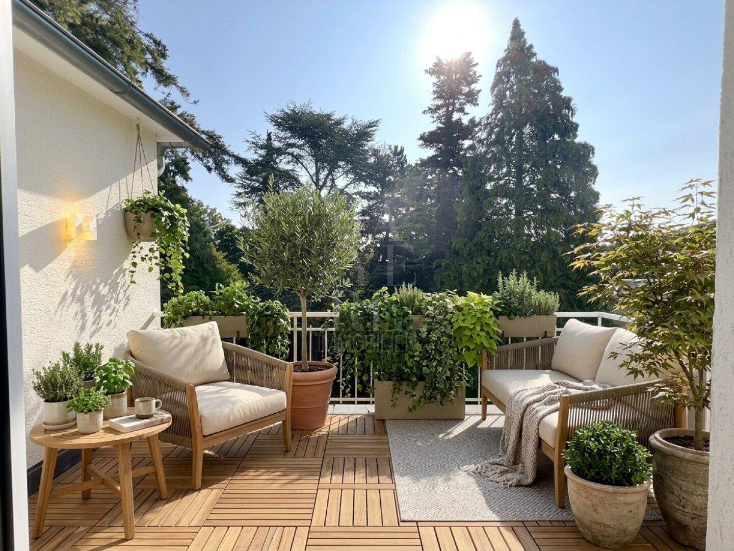 Gemütlicher Balkon mit Holzfliesen, bequemen Sitzgelegenheiten und vielen Pflanzen für eine grüne Oase.