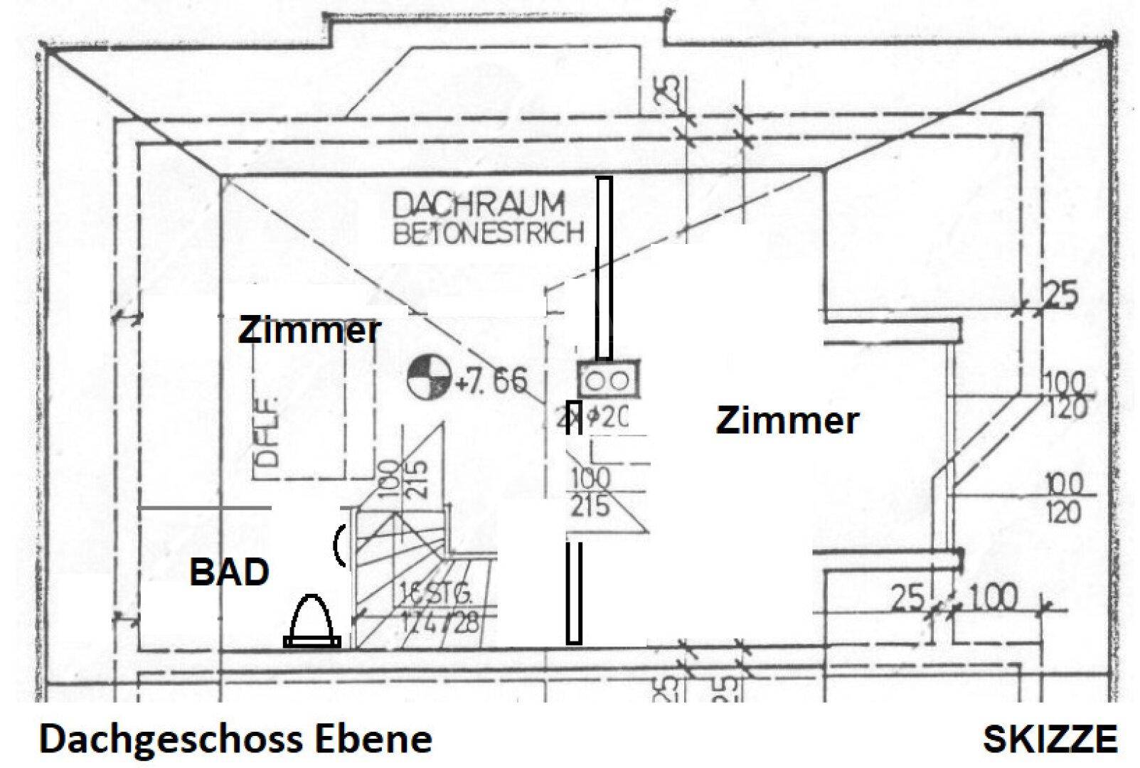 Skizze der Dachgeschossebene mit Zimmern und Bad, zeigt Dachschrägen.