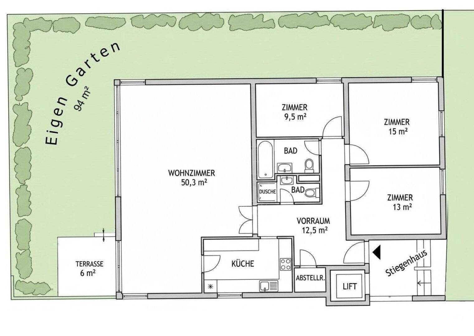 Grundriss einer Wohnung mit großem Wohnzimmer, separater Küche, drei Schlafzimmern, zwei Bädern, Terrasse und eigenem Garten.