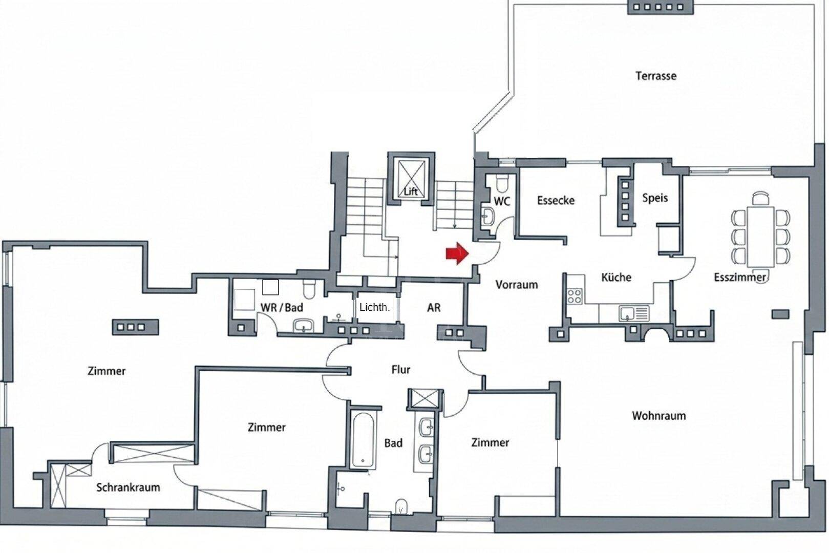 Detaillierter Grundriss der Wohnung mit mehreren Zimmern, Terrasse und Essbereich.