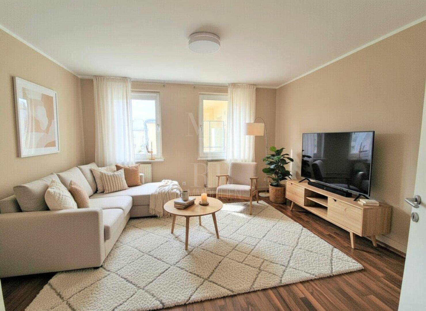 Gemütliches Wohnzimmer mit L-förmigem Sofa, Teppich und Blick nach draußen, modern eingerichtet.