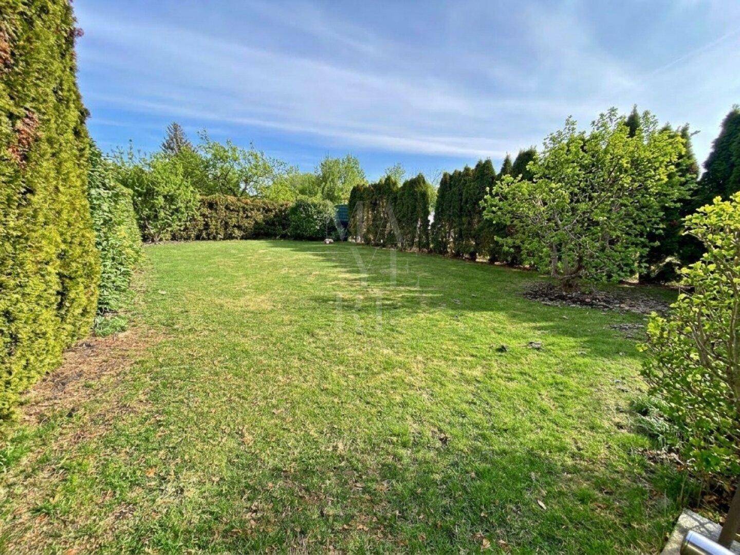 Gepflegter, weitläufiger Garten mit Rasenfläche und hohen Hecken für Privatsphäre.