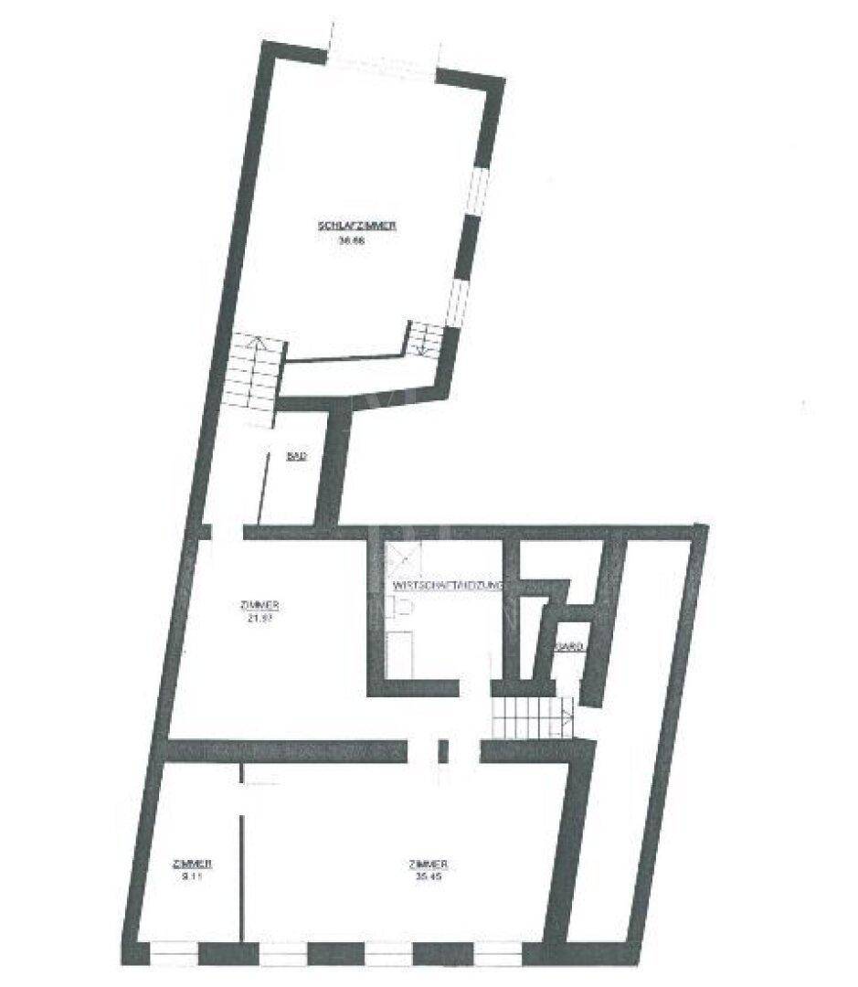 Grundrissplan mit Schlafzimmern, Badezimmer und Wirtschaftsraum auf einer Etage dargestellt.