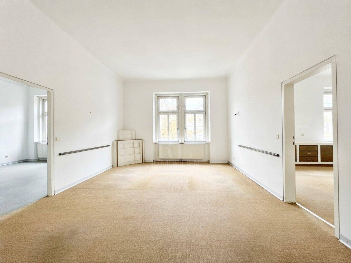 Geräumiger, leerer Raum mit Teppichboden, weißen Wänden und zwei großen Fenstern, die viel Licht hereinlassen.