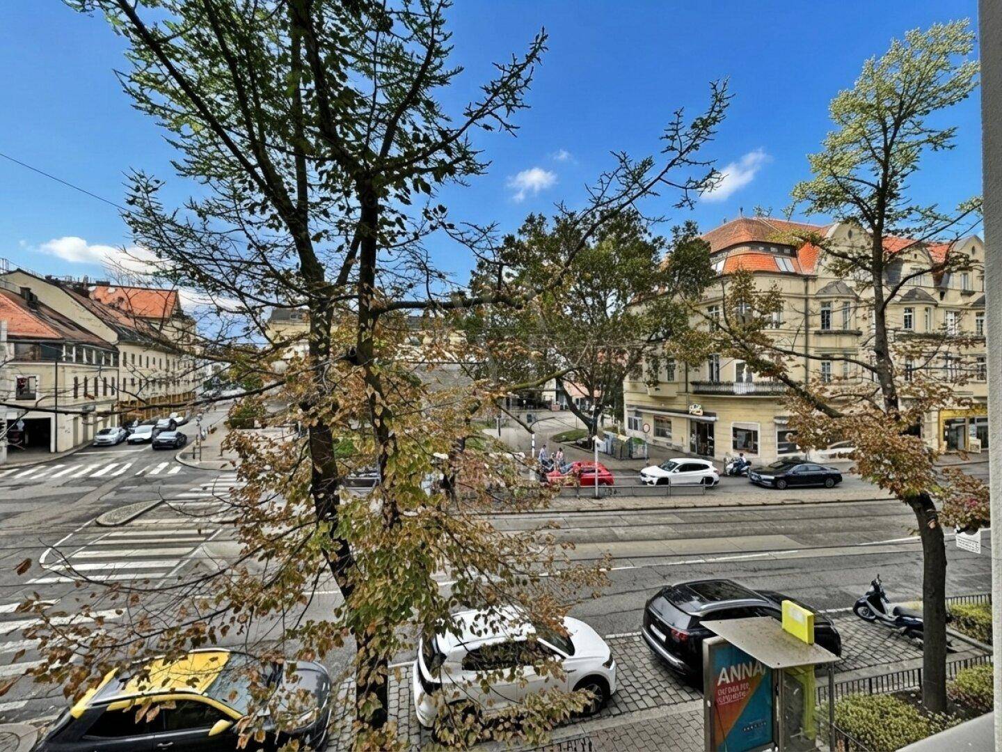 Blick von oben auf eine belebte Stadtstraße mit parkenden Autos, Bäumen und historischen Gebäuden im Hintergrund.