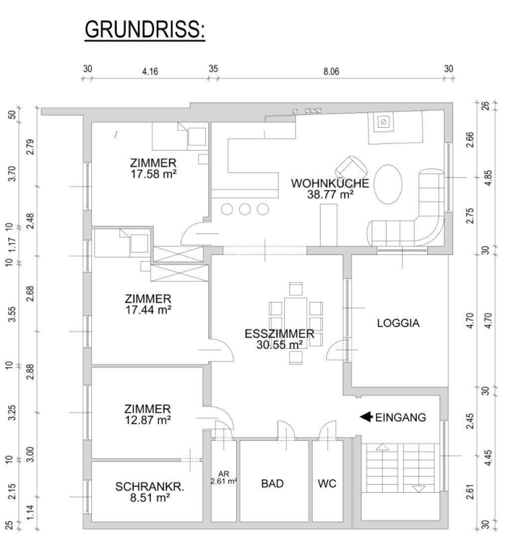 Detaillierter Grundriss mit Wohnküche, Esszimmer, Schlafzimmern, Loggia und Badezimmern, inklusive Flächenangaben.