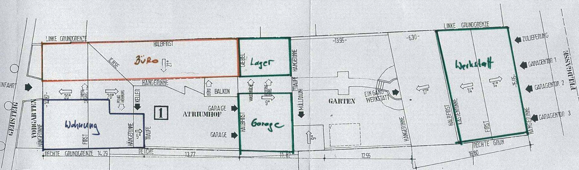 Handgezeichneter Grundriss mit verschiedenen Bereichen wie Büro, Lager, Werkstatt und Wohnung.