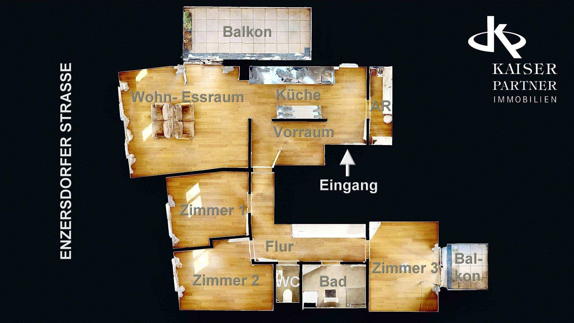 Grundriss einer Wohnung mit offenem Wohn-Essbereich, Küche, drei Zimmern, Bad, WC und zwei Balkonen.