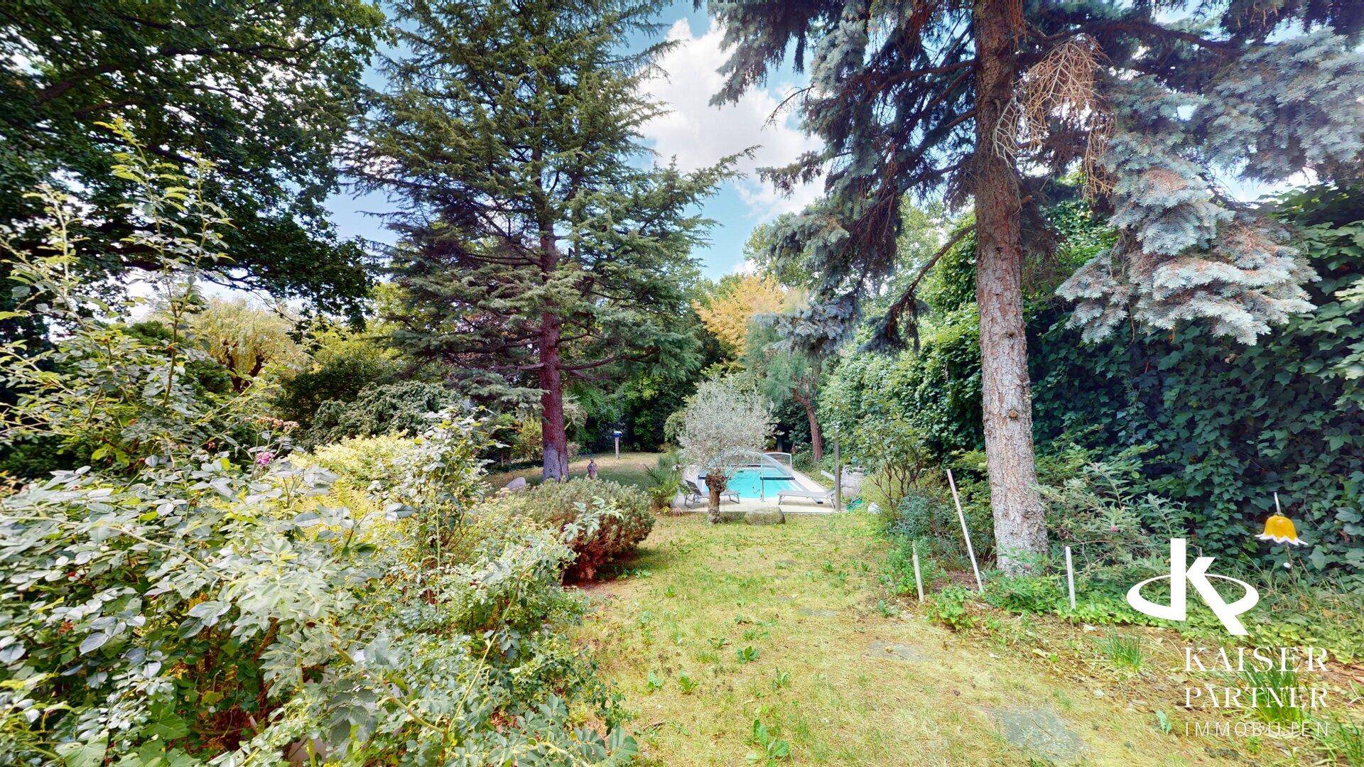 Großer, gepflegter Garten mit altem Baumbestand und einem Pool im Hintergrund.