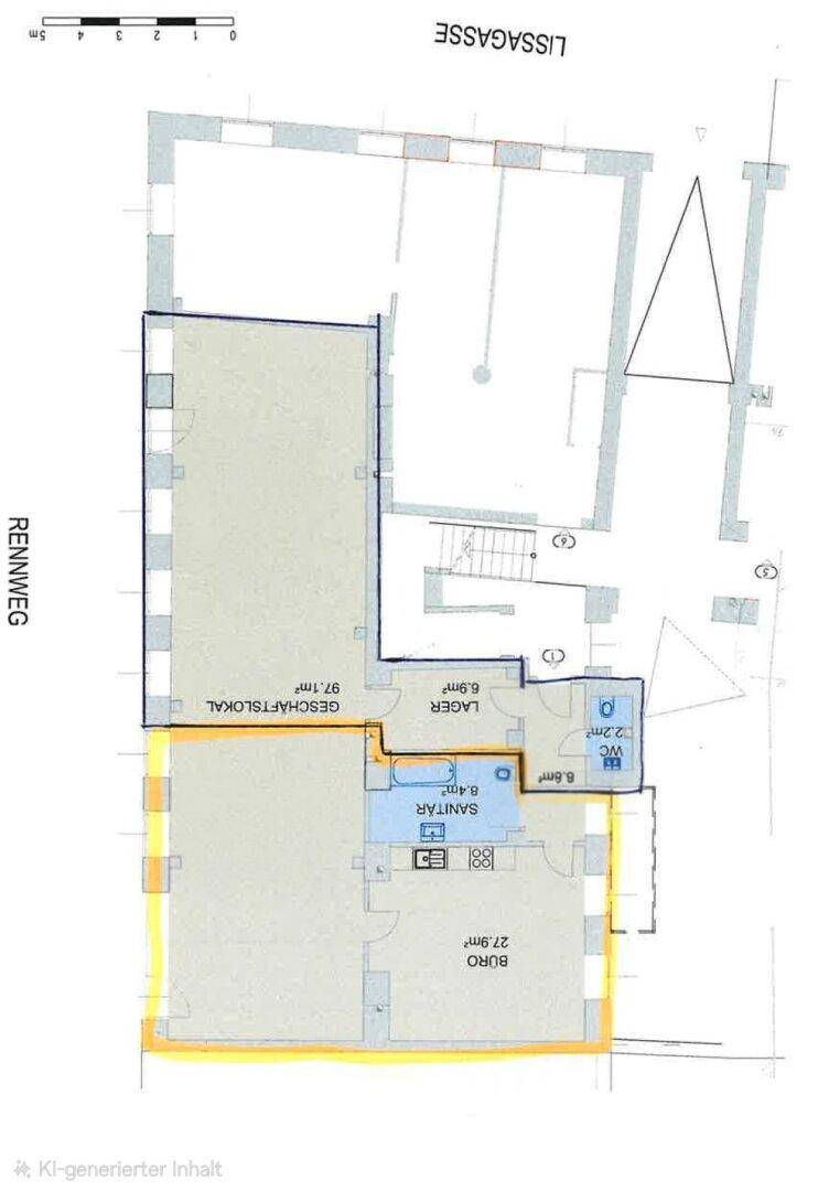 Grundriss des Erdgeschosses mit Geschäftsflächen, Lager, Büro und Sanitärbereichen, gut aufgeteilt.