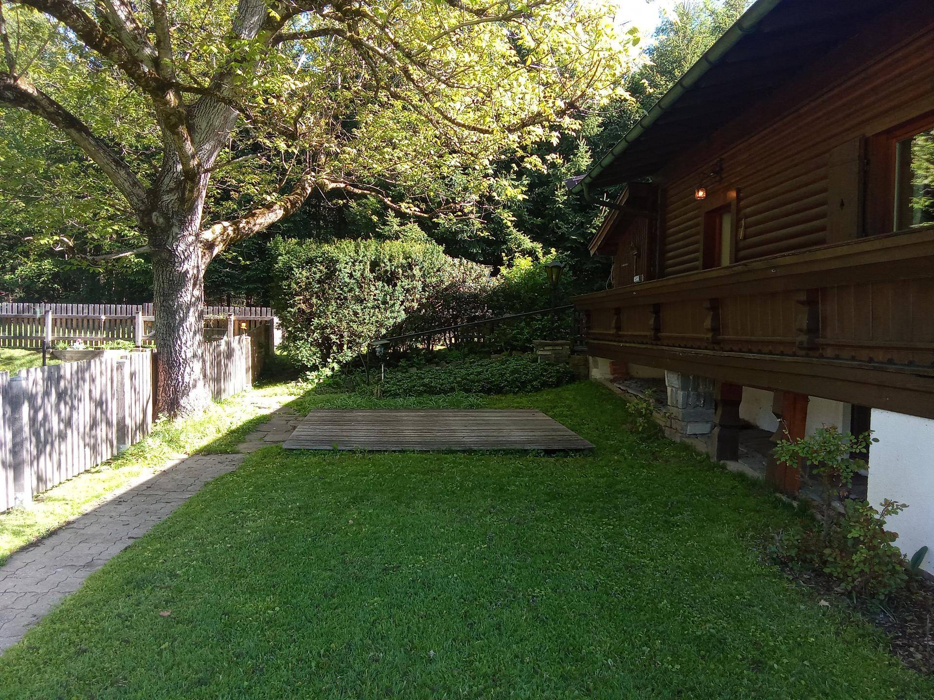 Gartenbereich mit kleiner Holzterrasse und altem Baum, umgeben von viel Grün.