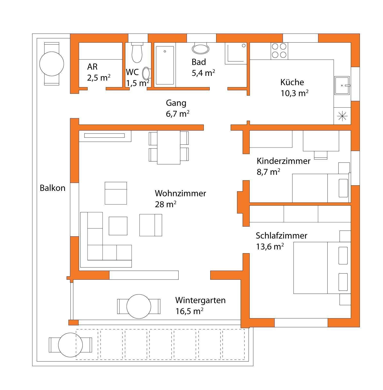 Grundriss einer Wohnung mit Wohnzimmer, zwei Schlafzimmern, Küche, Bad, separatem WC, Abstellraum, Balkon und Wintergarten.