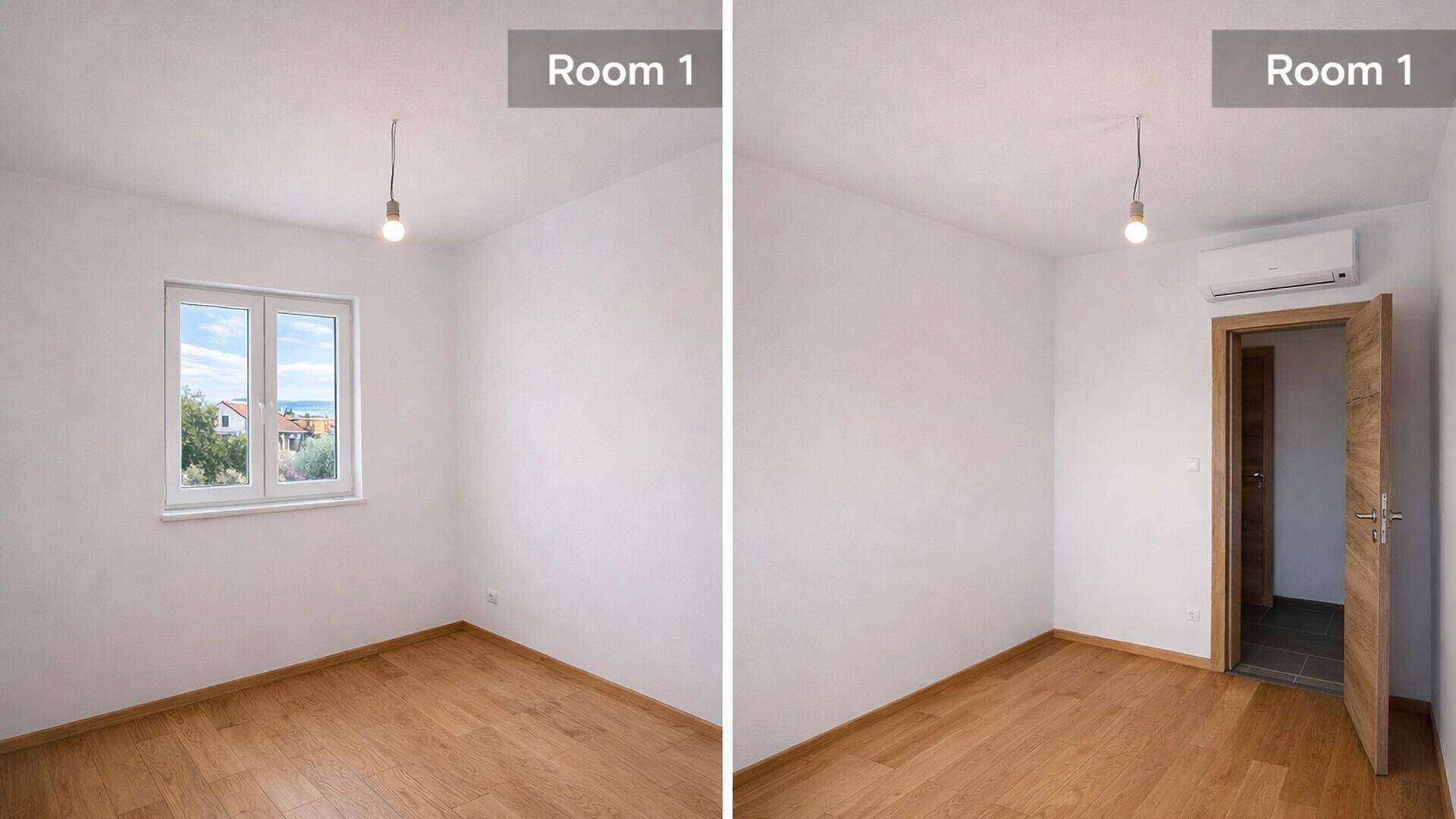 Zwei Ansichten eines hellen, leeren Zimmers mit Holzboden, Fenster und Klimaanlage.