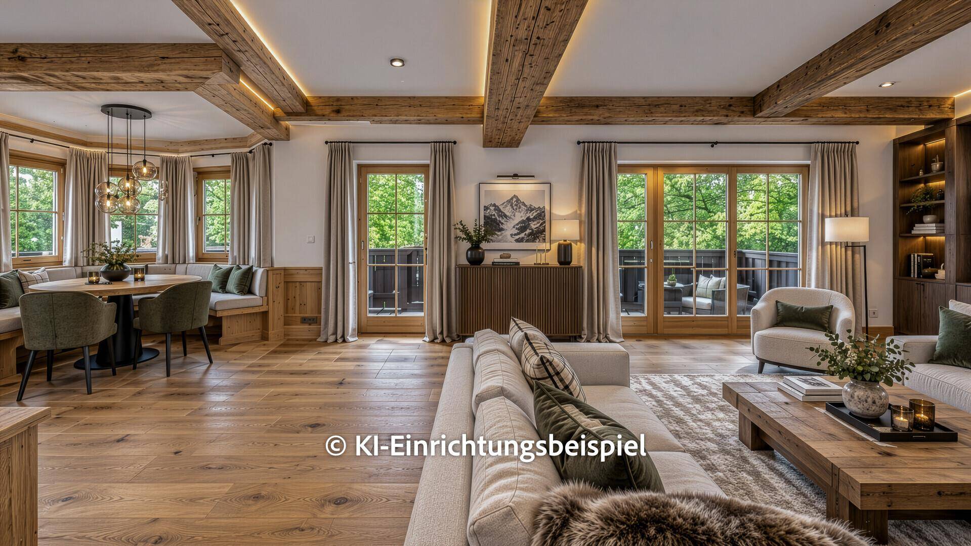 Heller Wohnbereich mit moderner Sitzecke, Holzbalkendecke und großen Fenstern mit grüner Aussicht.