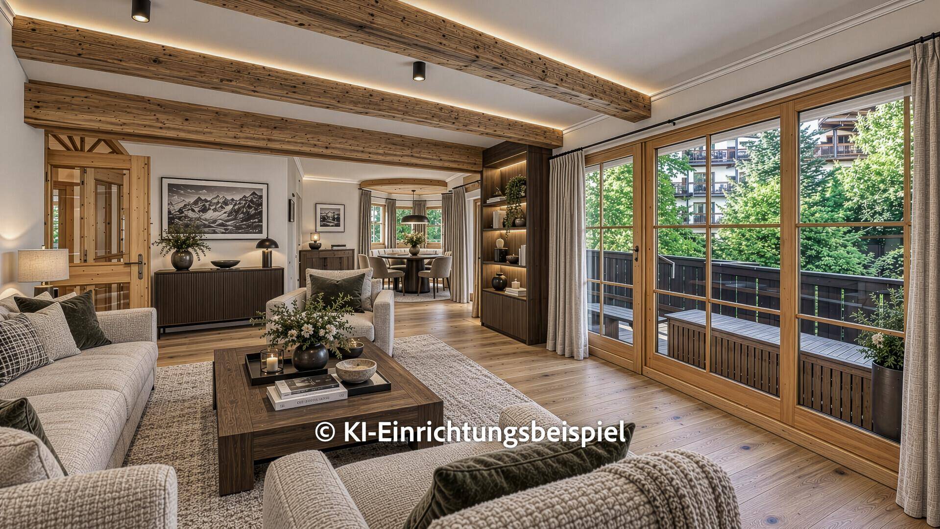 Modernes Wohnzimmer mit Holzbalkendecke, großen Fenstern und Zugang zu einem Balkon mit grüner Aussicht.