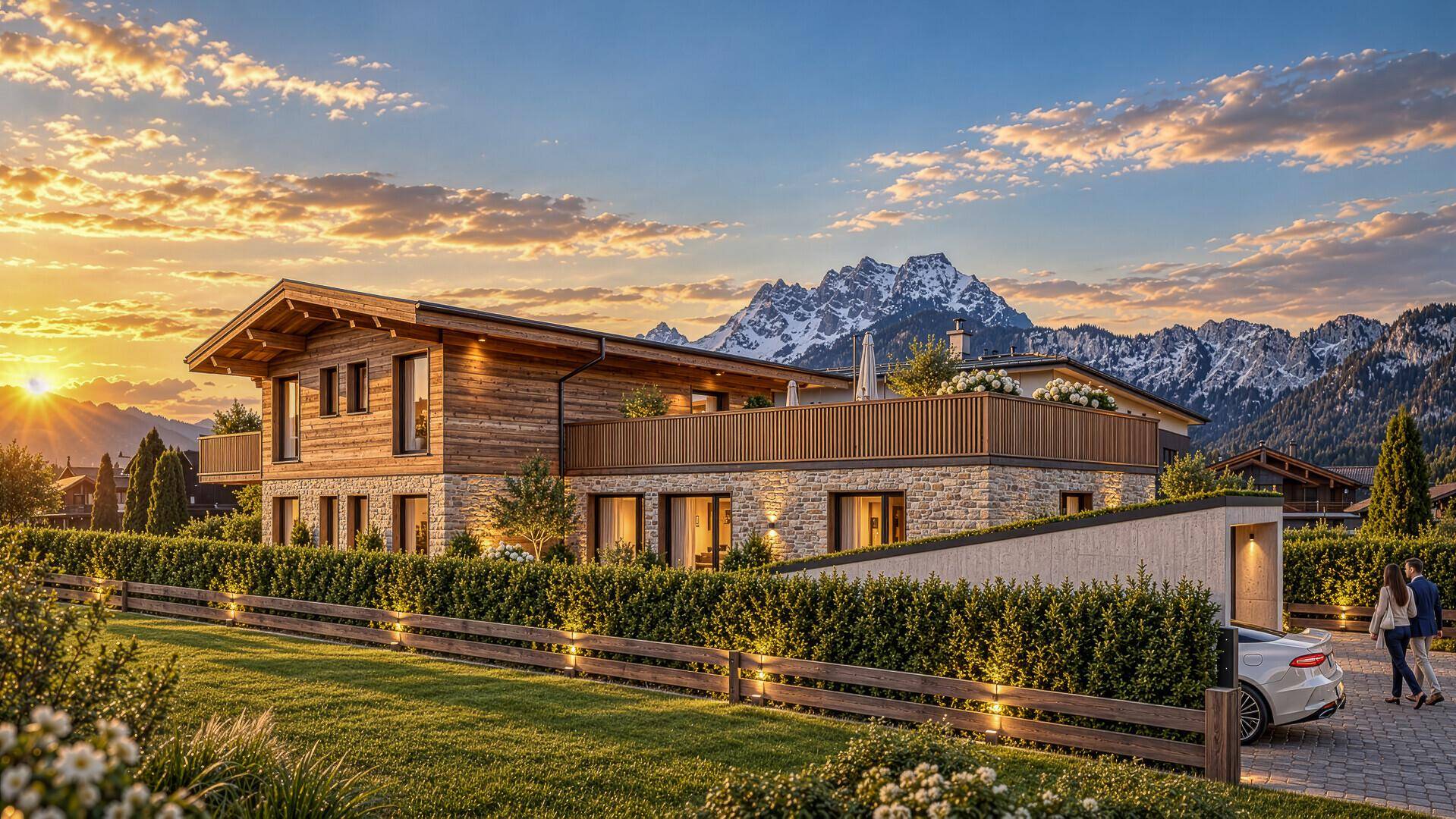 Elegantes Holzchalet mit Steinverkleidung und Bergblick bei Sonnenuntergang, umgeben von gepflegter Landschaft.