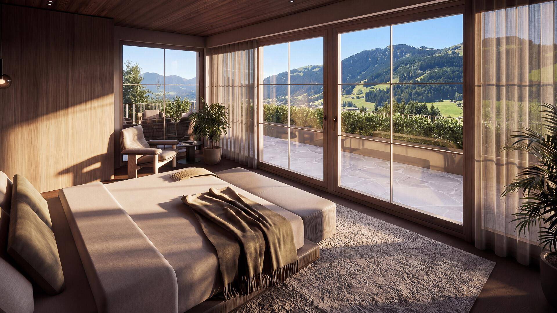 Helles Schlafzimmer mit raumhohen Fenstern, die einen spektakulären Panoramablick auf die Berge bieten.