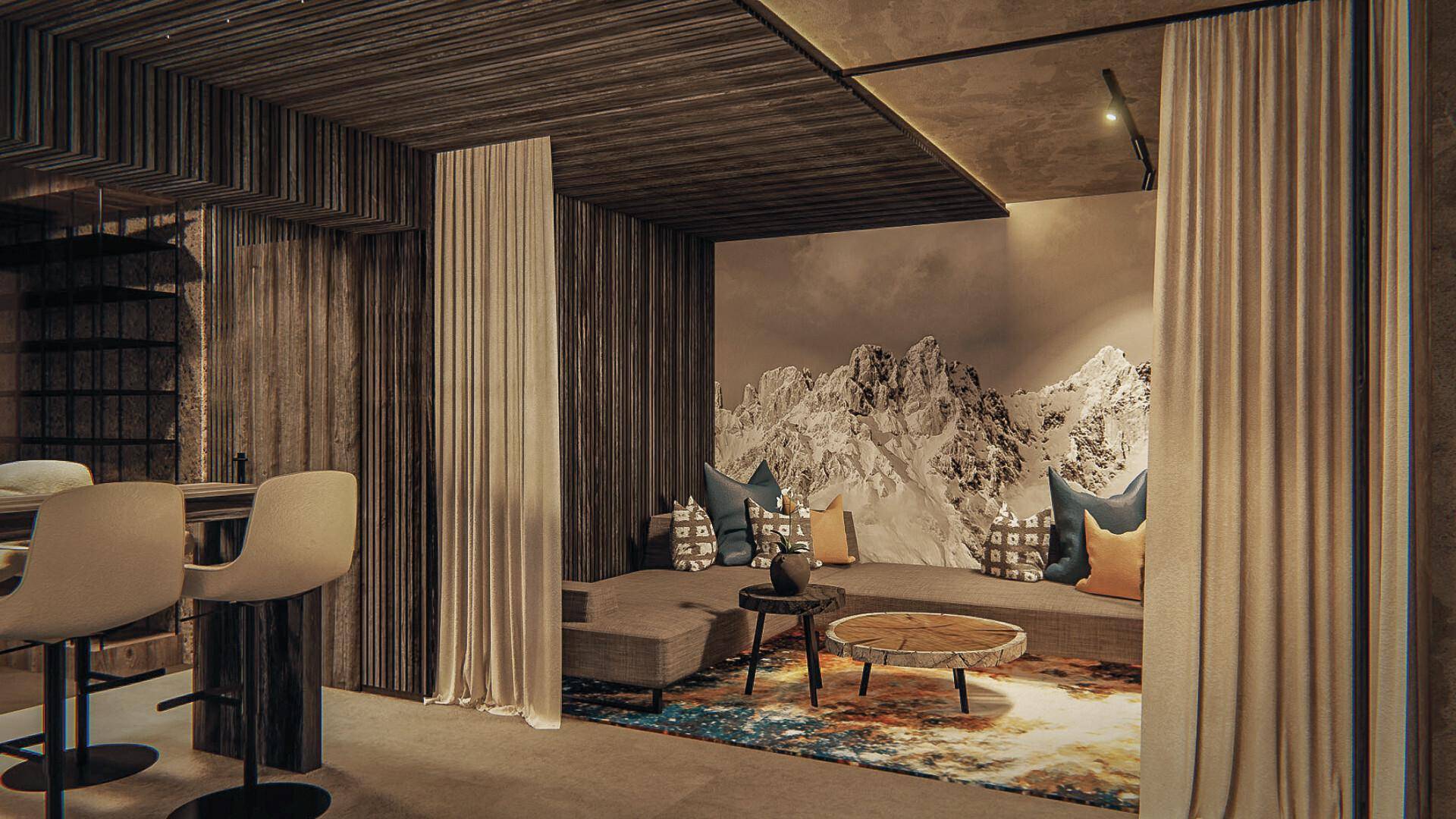 Gemütlicher Loungebereich mit Sitzbank, Holztisch und einer beeindruckenden Bergwandtapete.