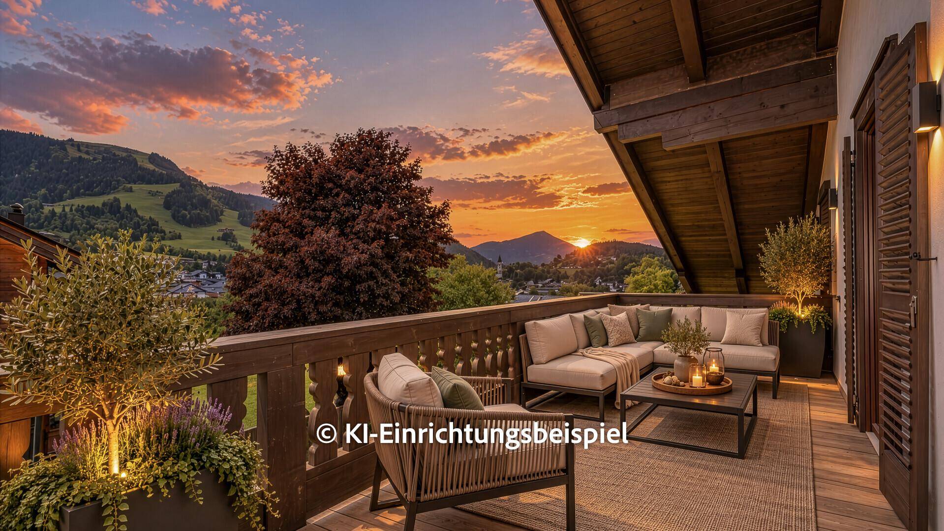 Gemütlicher Balkon mit stilvollen Möbeln und spektakulärem Sonnenuntergang über den Bergen.