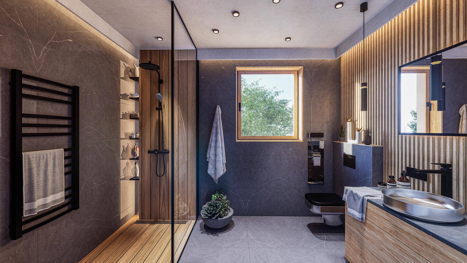 Modernes Badezimmer mit begehbarer Dusche, Holzdetails und Fenster für Tageslicht.