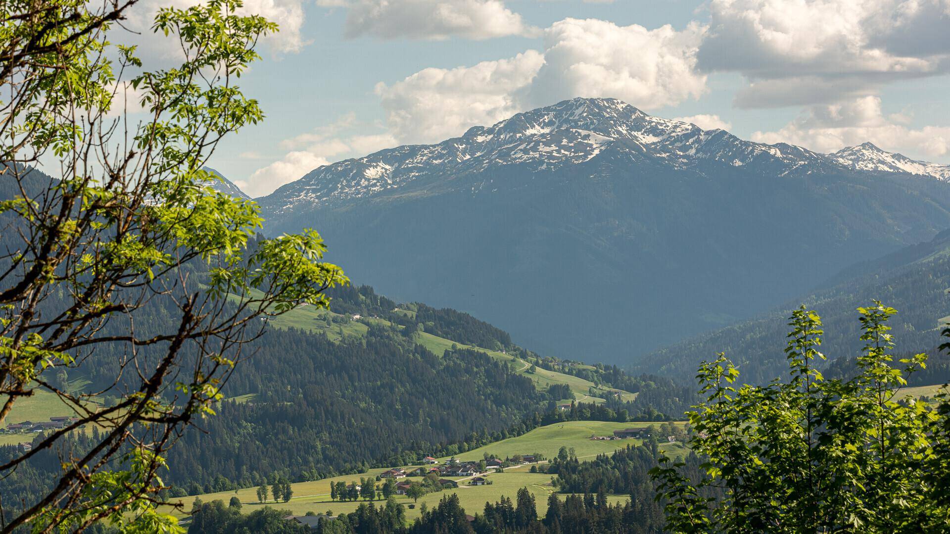 Majestätische Bergkulisse mit schneebedeckten Gipfeln und grünen Tälern in der Ferne.